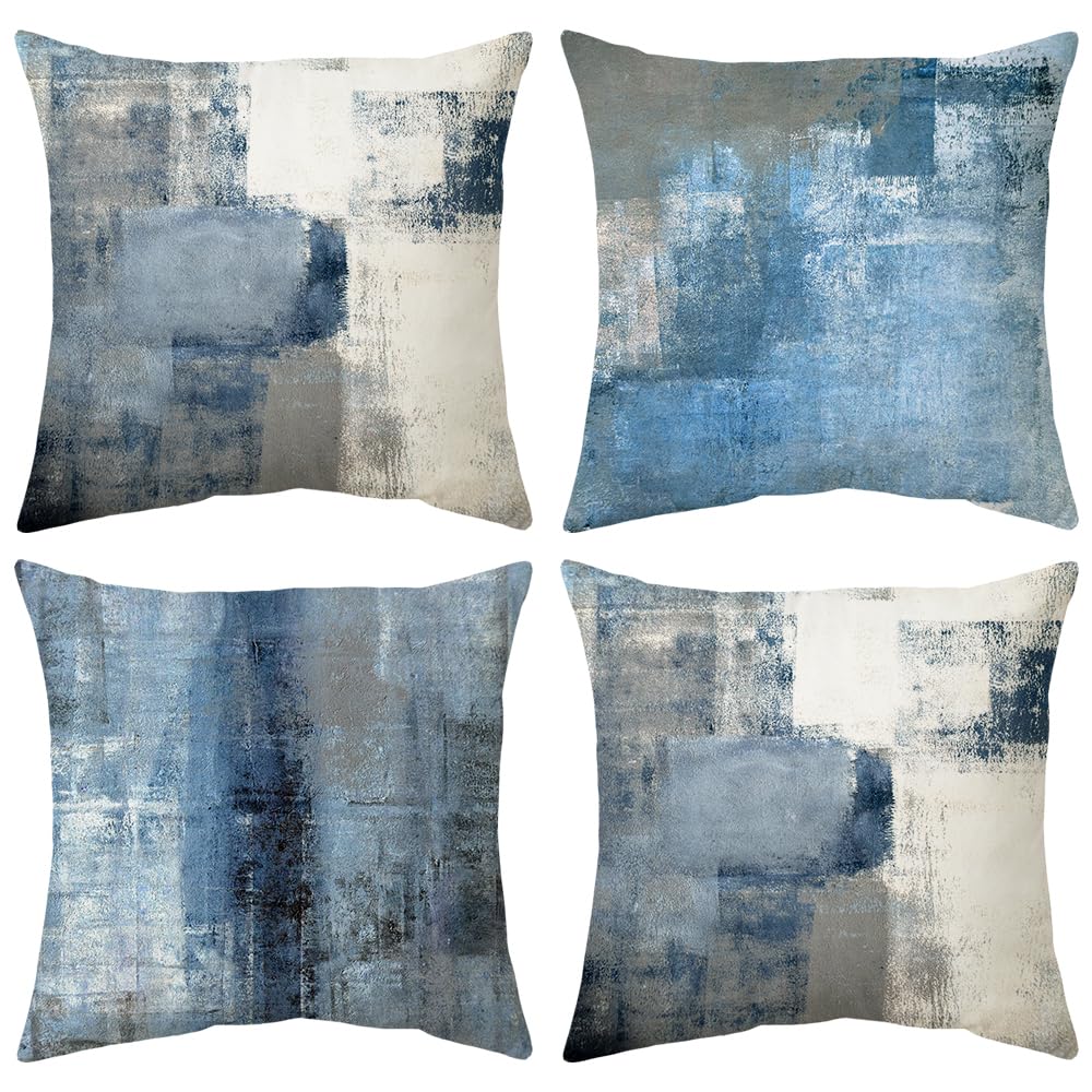Hykiee Cushion Covers Blue 45x45cm Set of 4, Decorative Square Soft Throw Pillow Cases, Double-sides Printed Abstract Art Cushion Protectors for Living Room Sofa Bedroom Outdoor Garden Decor 18"x18"