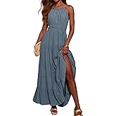 R.Vivimos Maxi Halter Dresses for Women Summer 2026 Boho Sleeveless Elastic Waist Sexy Backless Tiered Flowy Beach Sundress