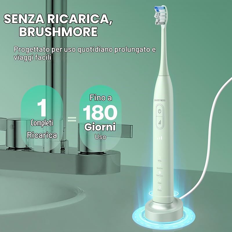 Spazzolino da denti sonico per adulti, ricaricabile con 5 modalità di pulizia, 3 livelli di intensità, sensore di pressione intelligente (Verde)