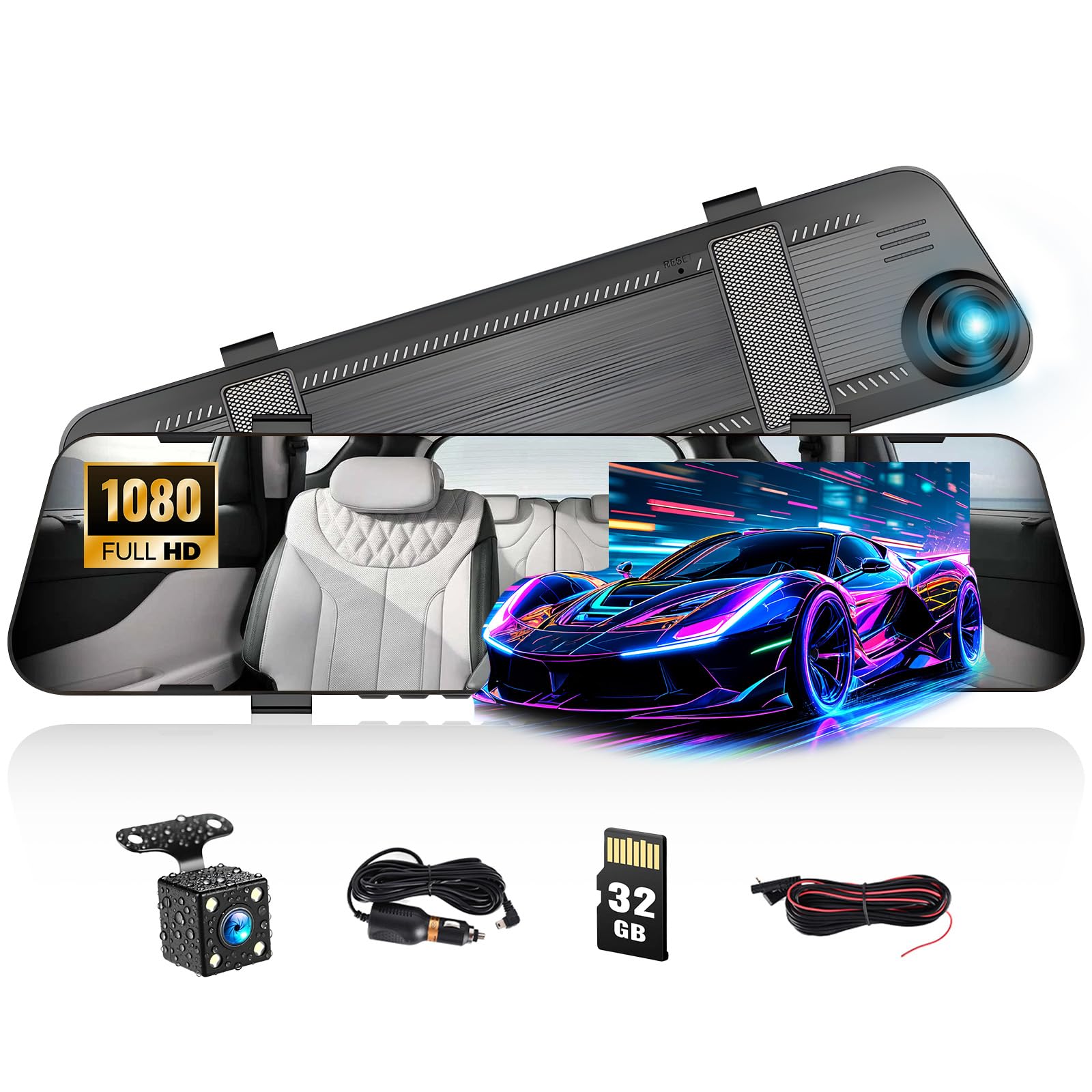 CAMECHO Mirror Dash Cam with 32GB TF card, 4.5 Inch 1080P Dual Dash Cam Front and Rear Camera Car Rear View Mirror Loop Recording Wide Angle Parking Assistance with WDR Night Vision,Motion Detection