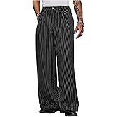 GORGLITTER Men's Striped Baggy Dress Pants Casual Wide Leg Pleated Trousers Business Casual Streetwear with Pockets
