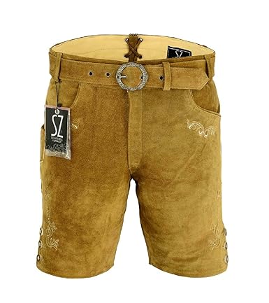 Shamzee Trachten Lederhose Kurz Inklusive Gürtel aus Echtleder in Olive Farbe Größe 46-62