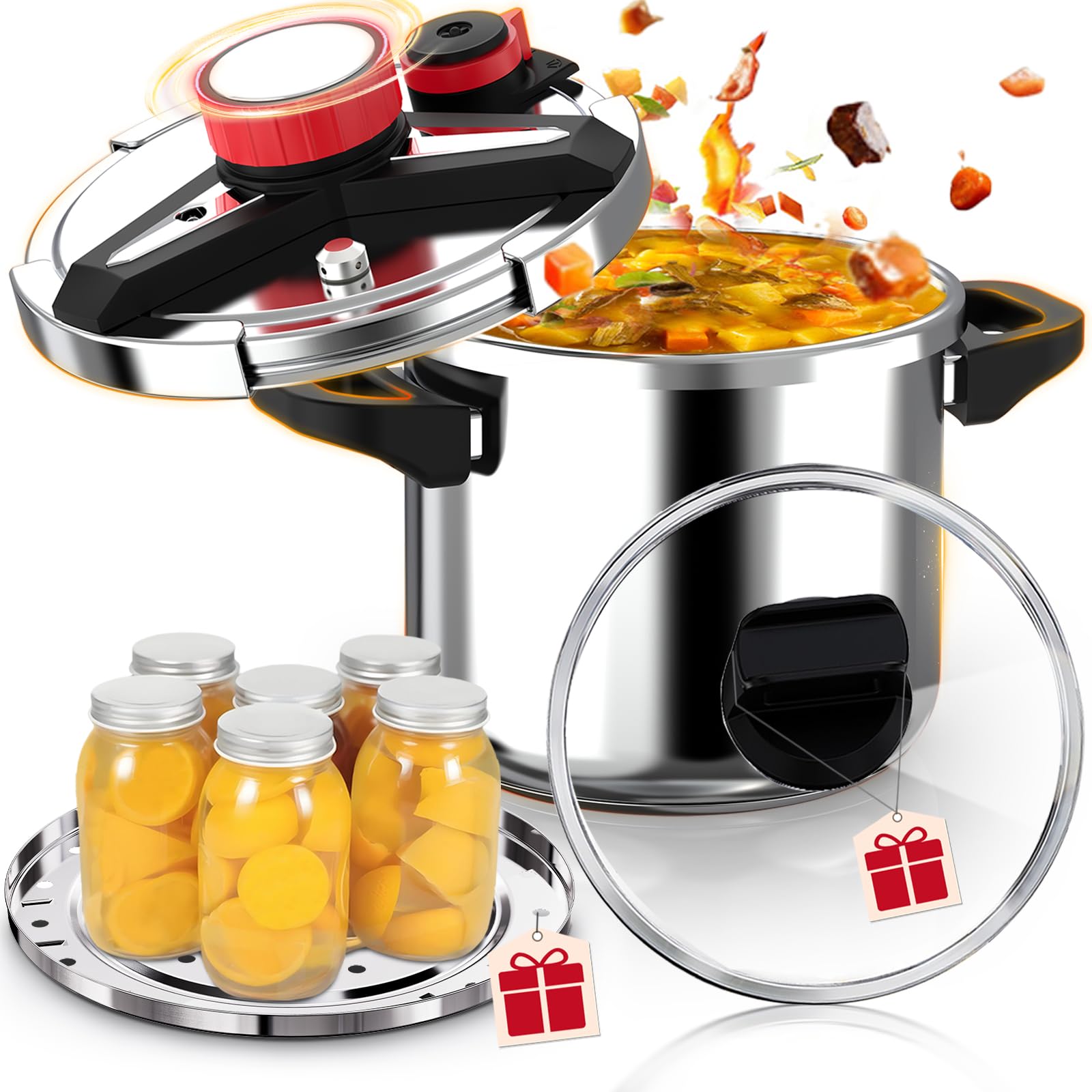 Photo 1 of 18/8 Stainless Steel Pressure Cooker 12.5 Quart, [One-Hand Locking] Olla de Presion, [3-In-1] Pressure Cooker, Induction Compatible, Gas Stovetop Compatible, Steamer Rack & Includes Glass Lid