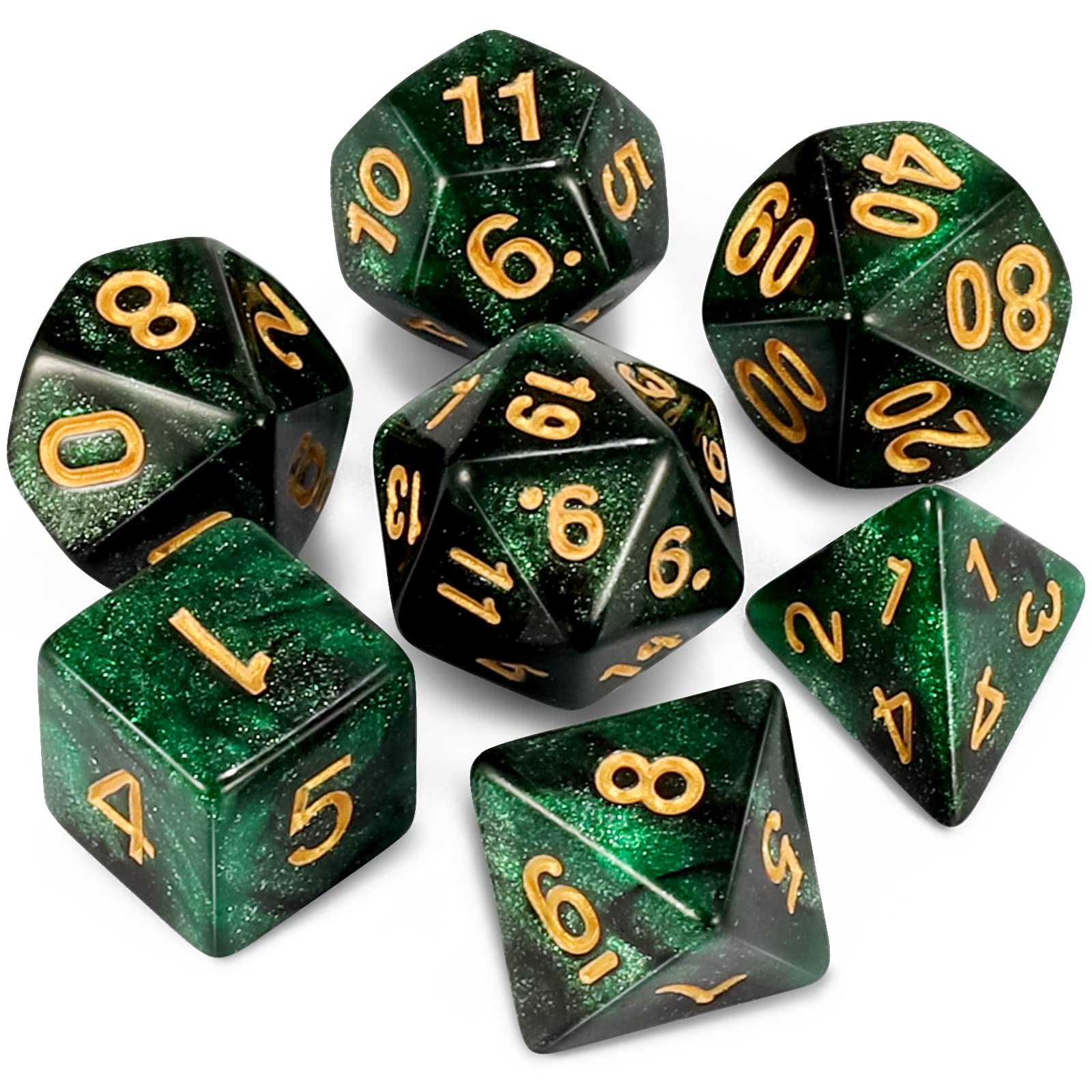 QMAY DND Dice Polyhedral Dice Set - 7 Pieces for Dungeon and Dragons MTG RPG D&D D20, D12, D10, D%, D8, D6, D4 (Black and Green)
