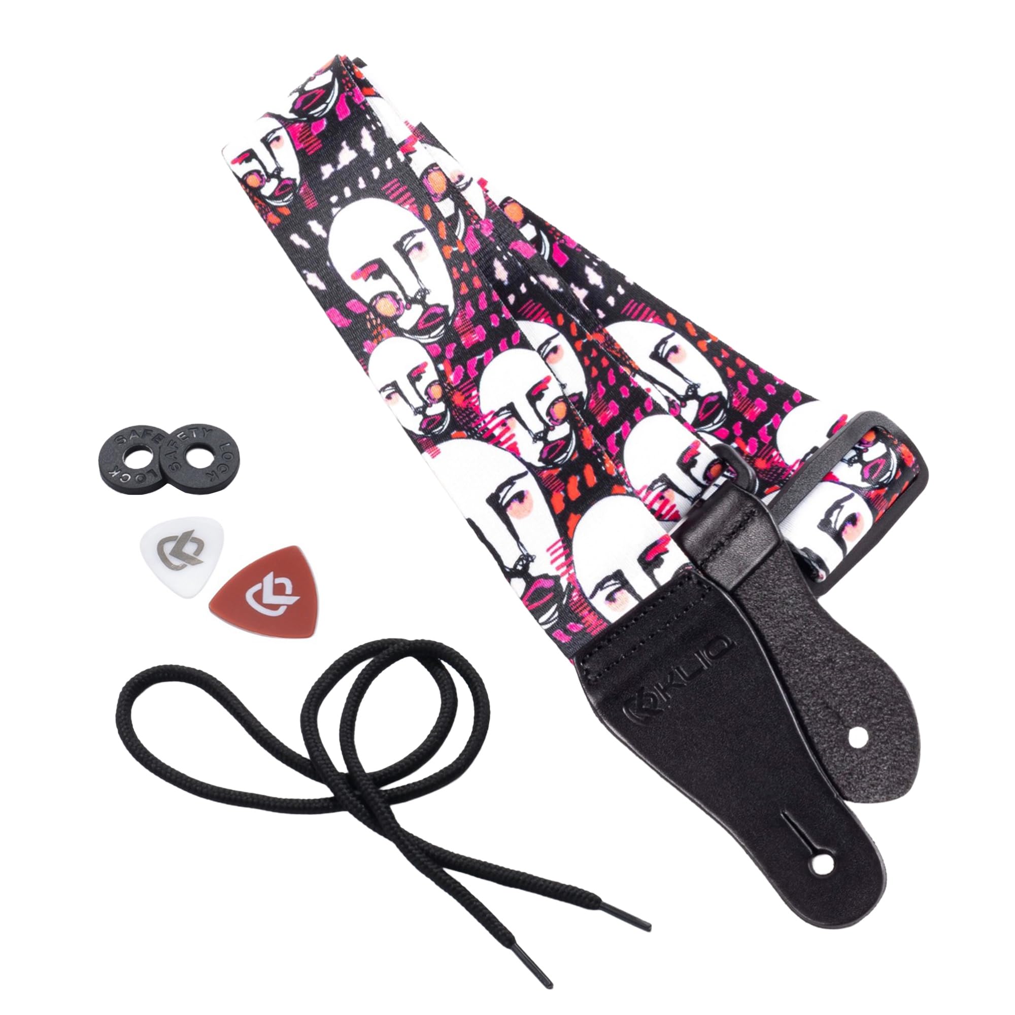 KLIQ Vintage Woven Artist Series Guitar Strap for Acoustic and Electric Guitars + 2 Free Rubber Strap Locks, 2 Guitar Picks and 1 Lace | Terylene Printed |"UGH" by KLA