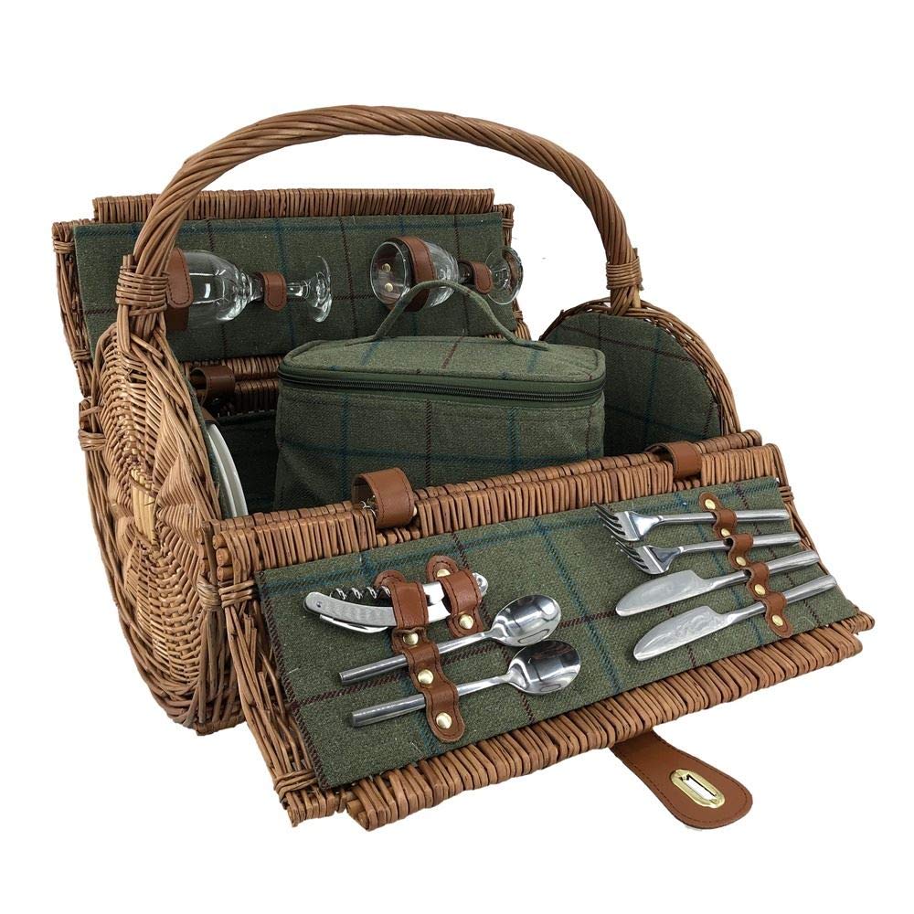 2 Person Green Tweed Barrel Wicker Picnic Basket