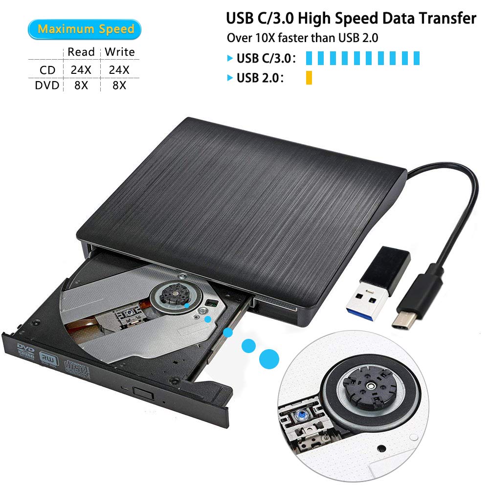 Externes CD- & DVD-Laufwerk Portable USB 3.0 DVD/CD Laufwerk für alle Laptops und Desktops Kompatibel für MacbookAir Windows XP/2003/Vista/7/8/10, Mac OS - Schwarz