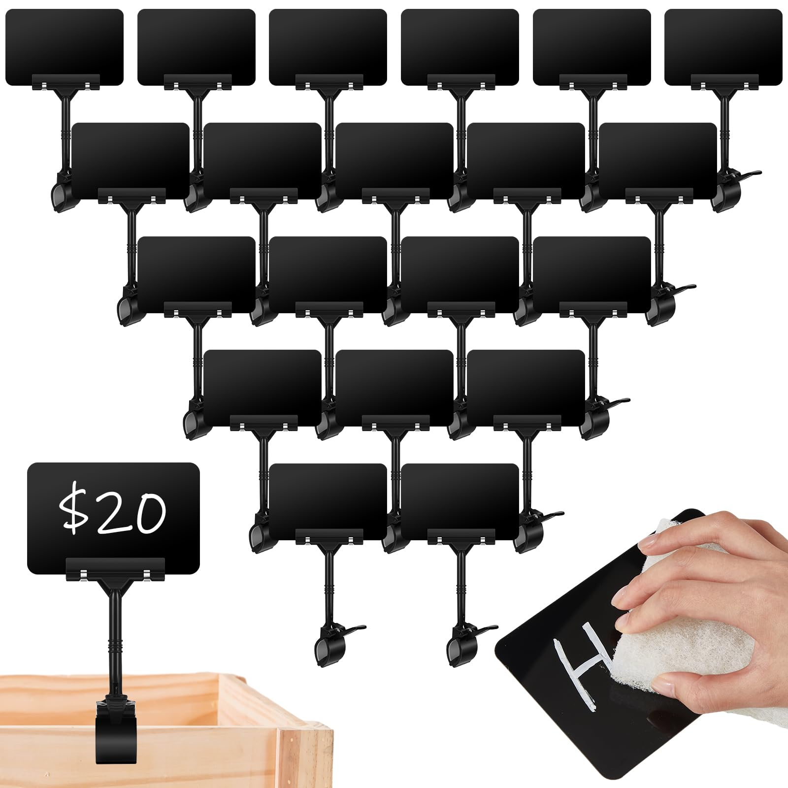 Photo 1 of DoubleFill 20 Set Clip Holder Chalkboard Sign Price Tag Display Rotating Clips Plastic Sign Erasable Blackboard Double Head Holder for Supermarket Store Merchandise Shelf (Black)