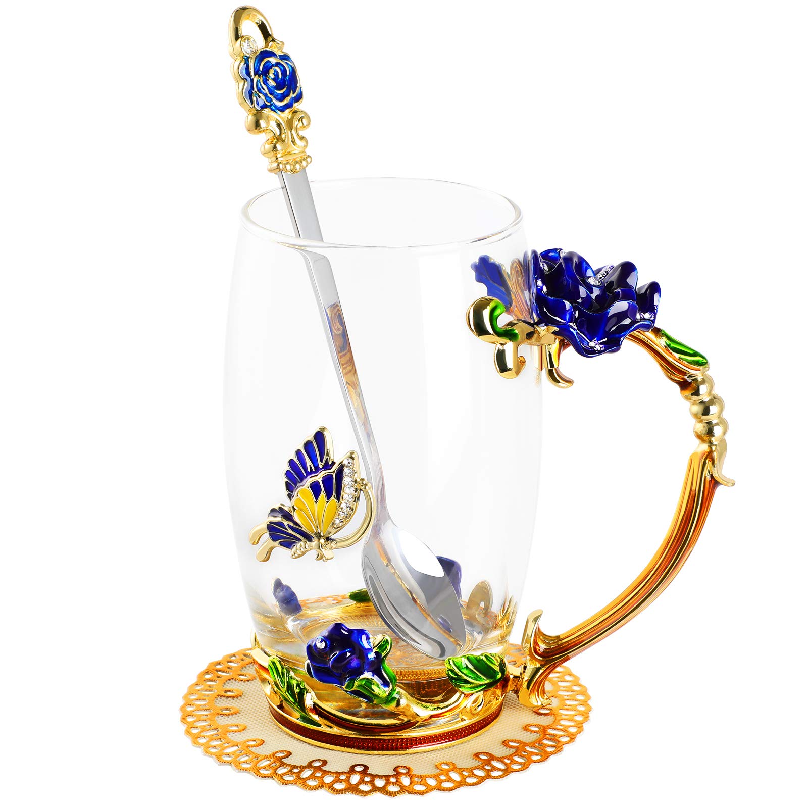 WD&CD Rose Butterfly Glass Tea Coffee Cups Mugs with Spoon and Coaster, Gifts for Her Girlfriend Wife Mum Women on Christmas Valentine's Day Mother's Day Anniversary, Blue Tall