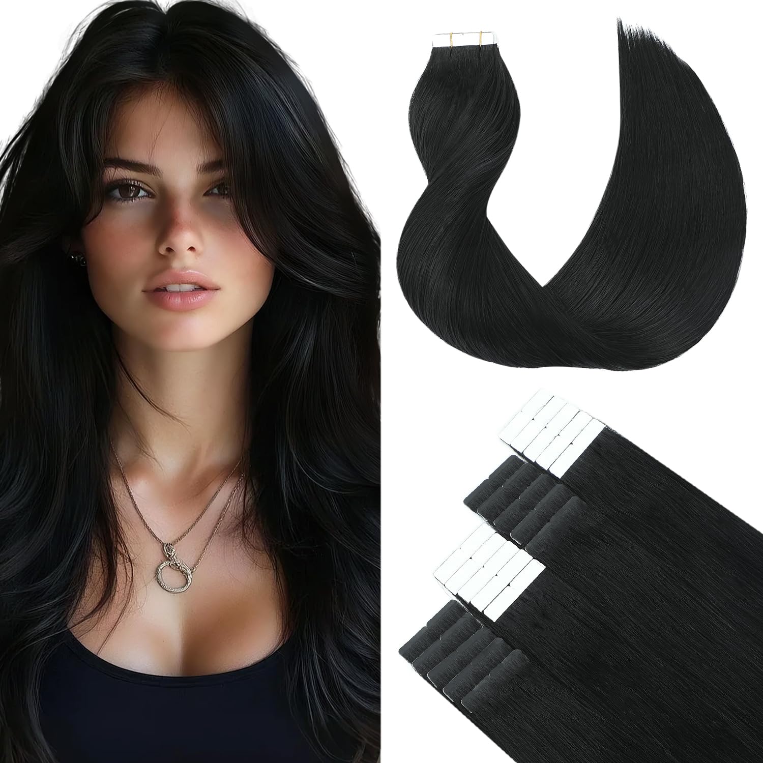 SURNEL Tape in Hair Extensions Human Hair Invisible 14 Inch Jet Black Silky Straight 50 Gram 20 Pcs Tape in Extensions for Women Skin Weft Human Hair (T#1,14inch) — image 1