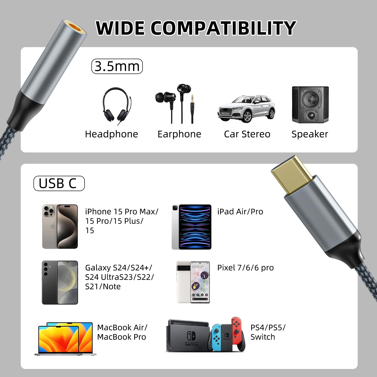 USB C to 3.5mm Headphone Jack Adapter(2 Pack), USB-C to Aux Audio Dongle Cable for iPhone 16 Pro Max/16 Pro, 15 Pro Max/15 Pro/15 Plus, Galaxy S23-S21 Ultra, Pixel, iPad Pro, MacBook (Black)