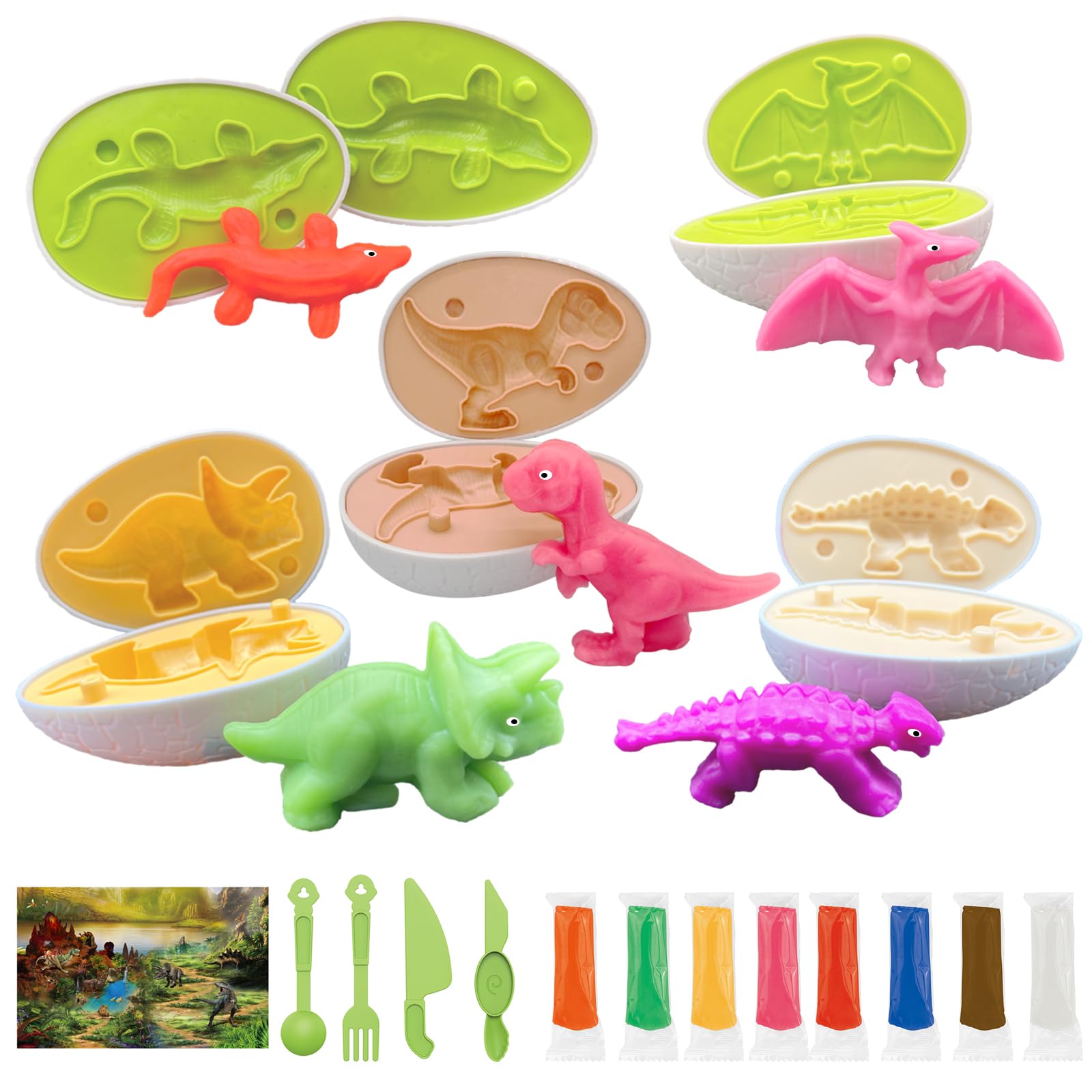Playdough Dinosaur Eggs Sets for Kids Ages 3-6, Dinosaur Dough Play Molds,Play Clay Accessories Dinosaur Toys Present for 3 4 5 6 7 8 Year Old Girls Boys