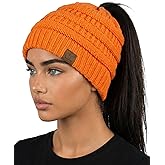 Funky Junque Ponytail Beanie for Women - Winter Ponyback Hat Soft Stretch Cable Knit High Pony Tail Womens Running Hats