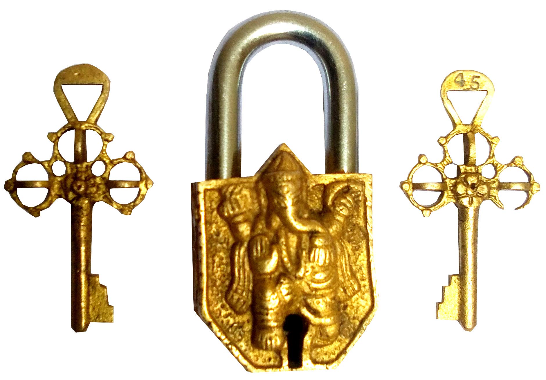 Purpledip Brass Padlock Lord Ganesha: Vintage Design Small Safety Lock (11835)