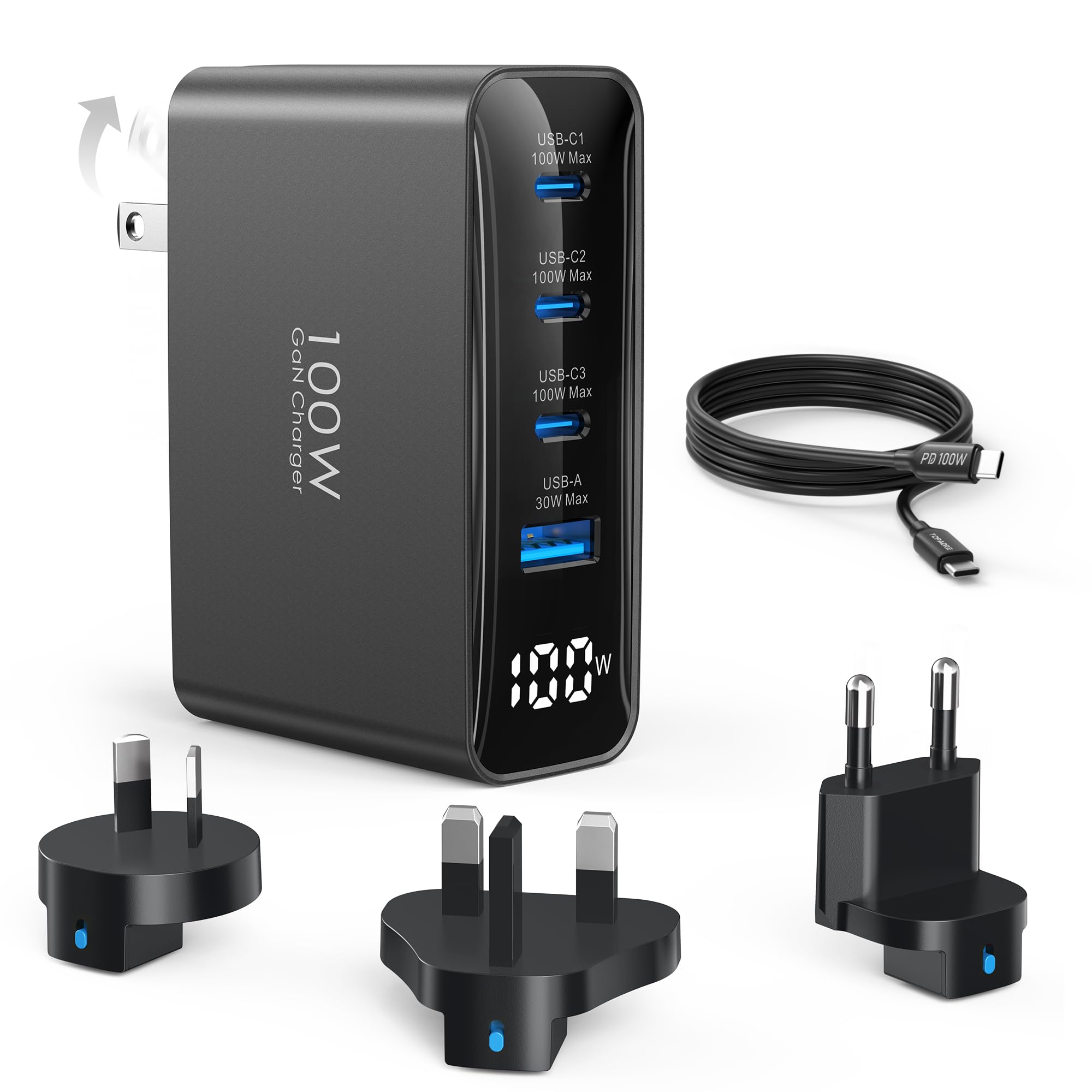 Photo 1 of 100W USB C Travel Charger, 4-Ports Foldable Travel Adapter Plug Converter with UK/EU/AU Plugs, Fast Charging for MacBook Pro/Air, iPad Pro, iPhone 15/14 Pro Max, for 45w Samsung Galaxy, Black