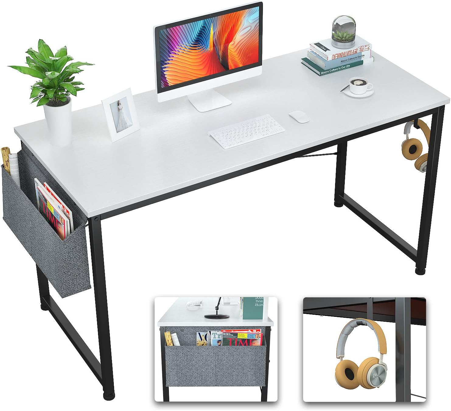 Foxemart Computer Desk 47" Office Desks Writing Study Desk Modern Simple PC Laptop Notebook Table with Storage Bag and Iron Hook for Home Office Workstation, White