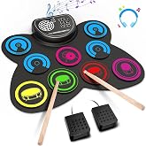 Electric Drum Set, 9 Drum Practice Pad, Roll-up Electronic Drum Pad with Headphone Jack Built-in Speaker Drum Sticks Foot Pedals, Gift for Kids
