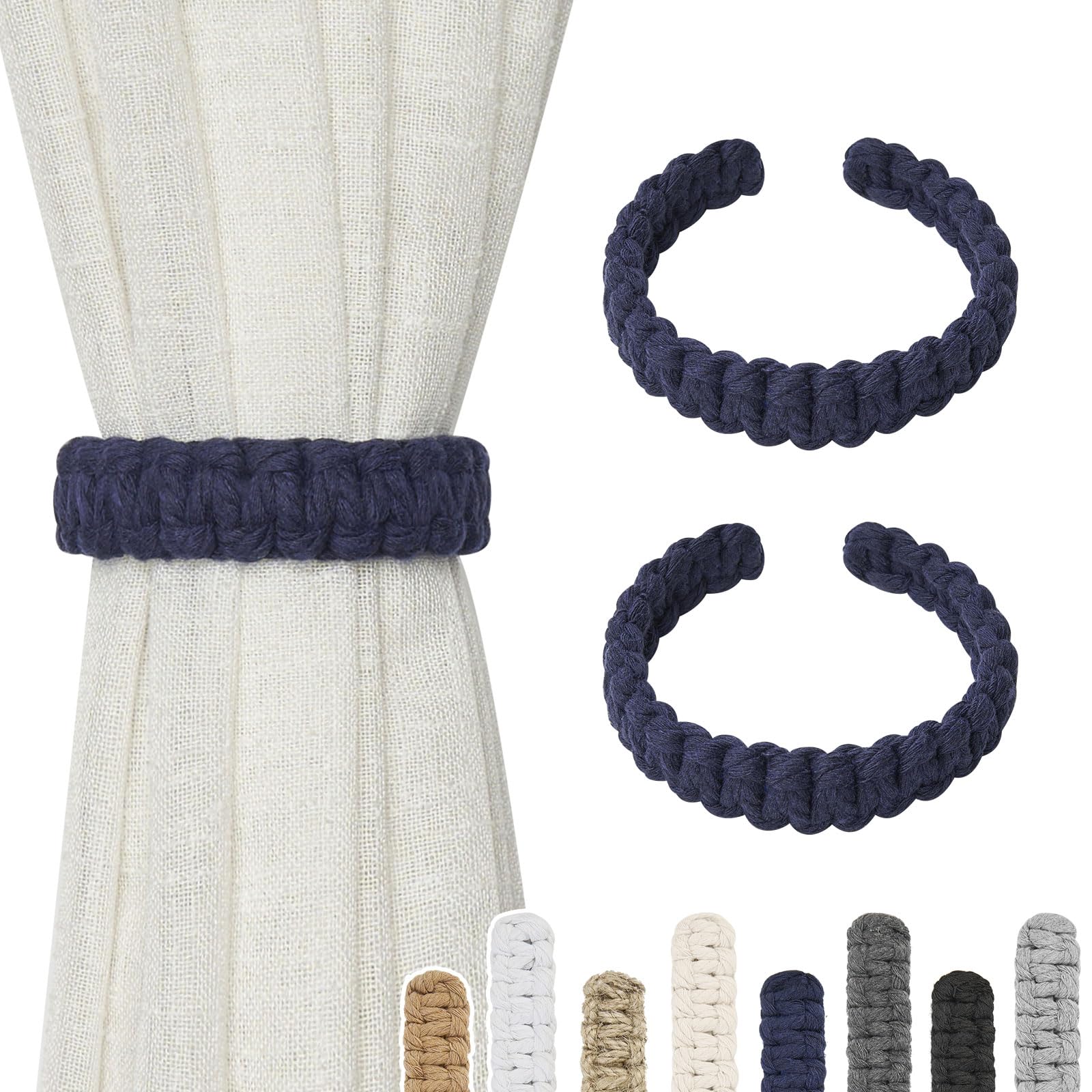 Pretty Jolly 2 Pack Natural Cotton Rope Curtain Tiebacks Farmhouse Rustic Style Decorative Drape Tie Backs Handmade Braided Curtain Holdbacks for Home Sheer/Light Weight Drapery (C-Dark Blue-S)
