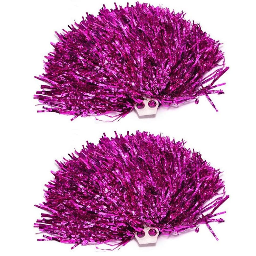 2 Pack Fluffy Cheerleading Pom Poms Ultra Shining Metallic Foil Cheerleader Pompoms Handheld Cheerleader Pompoms with Plastic Finger Ring for Kids Adult Team Spirit Sports Party Dance Cheering (Pink)