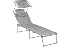 SONGMICS Sun Lounger, Deck Chair Folding, Sunbed, 76 x 20.9 x 11.4 Inches, Max. Load 330 lb, with Sunshade Headrest Adjustabl
