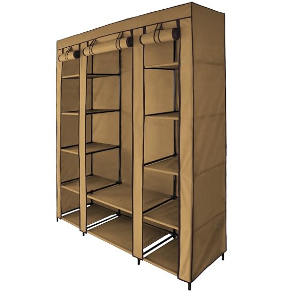 BB Sport Stoffschrank 150 x 45 x 175 cm Faltschrank mit Kleiderstange und 12 Ablagen, Farbe:Cappuccinobeige