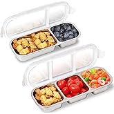 PTYTIFY Stainless Steel Snack Containers with Lids, 2 Pack Grab and Go Metal Snack Containers, 3 Compartment Reusable Stainless Steel Snack Box for Food Lunch Meal Prep (3+2 Compartment 2 PCS)