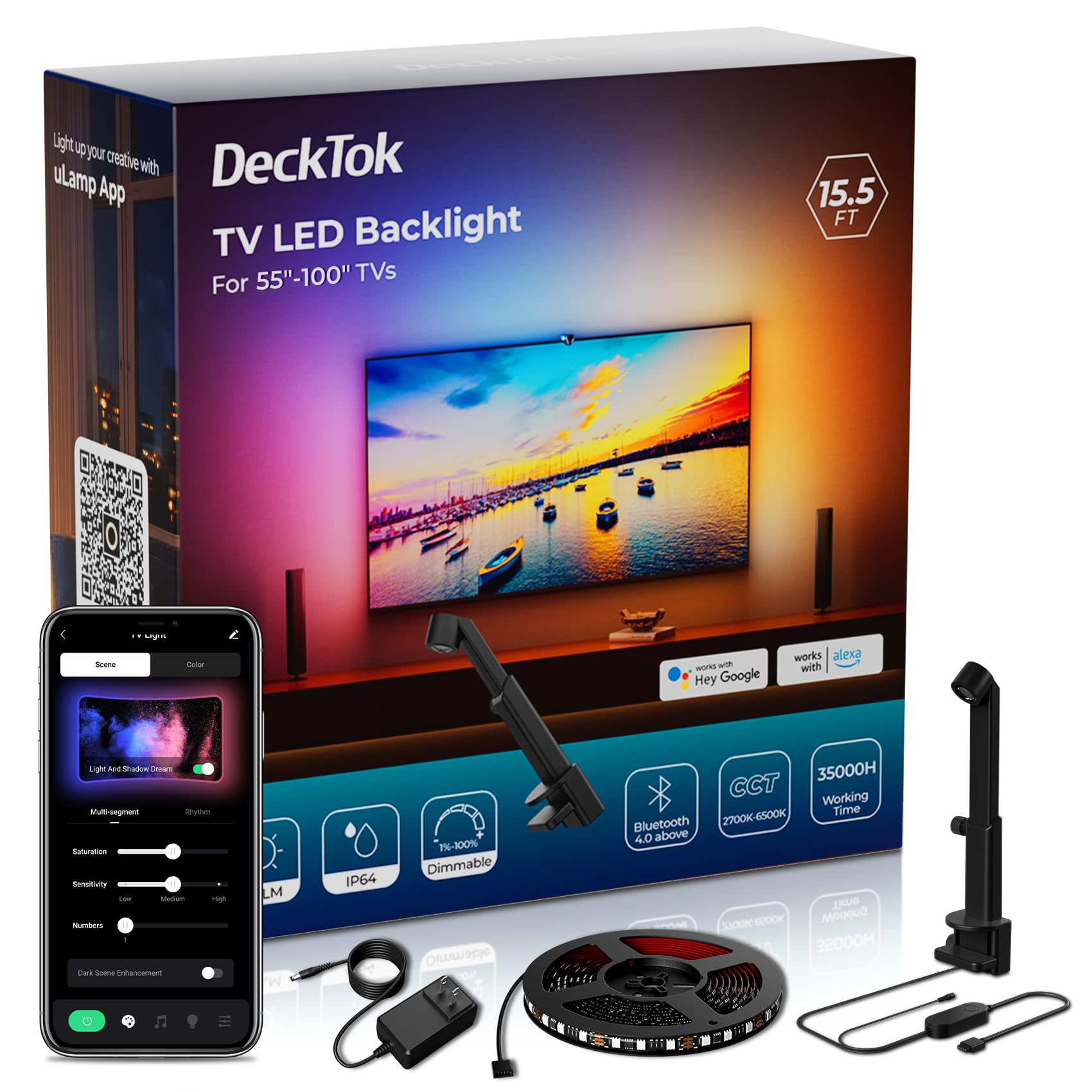Photo 1 of DeckTok TV LED Backlight 15.5ft - TV Lights That Change with Screen for 55-100'' RGB LED Strip Lights Cuttable with Smart App Control Game & Music Sync Color Changing Light for Home Decor