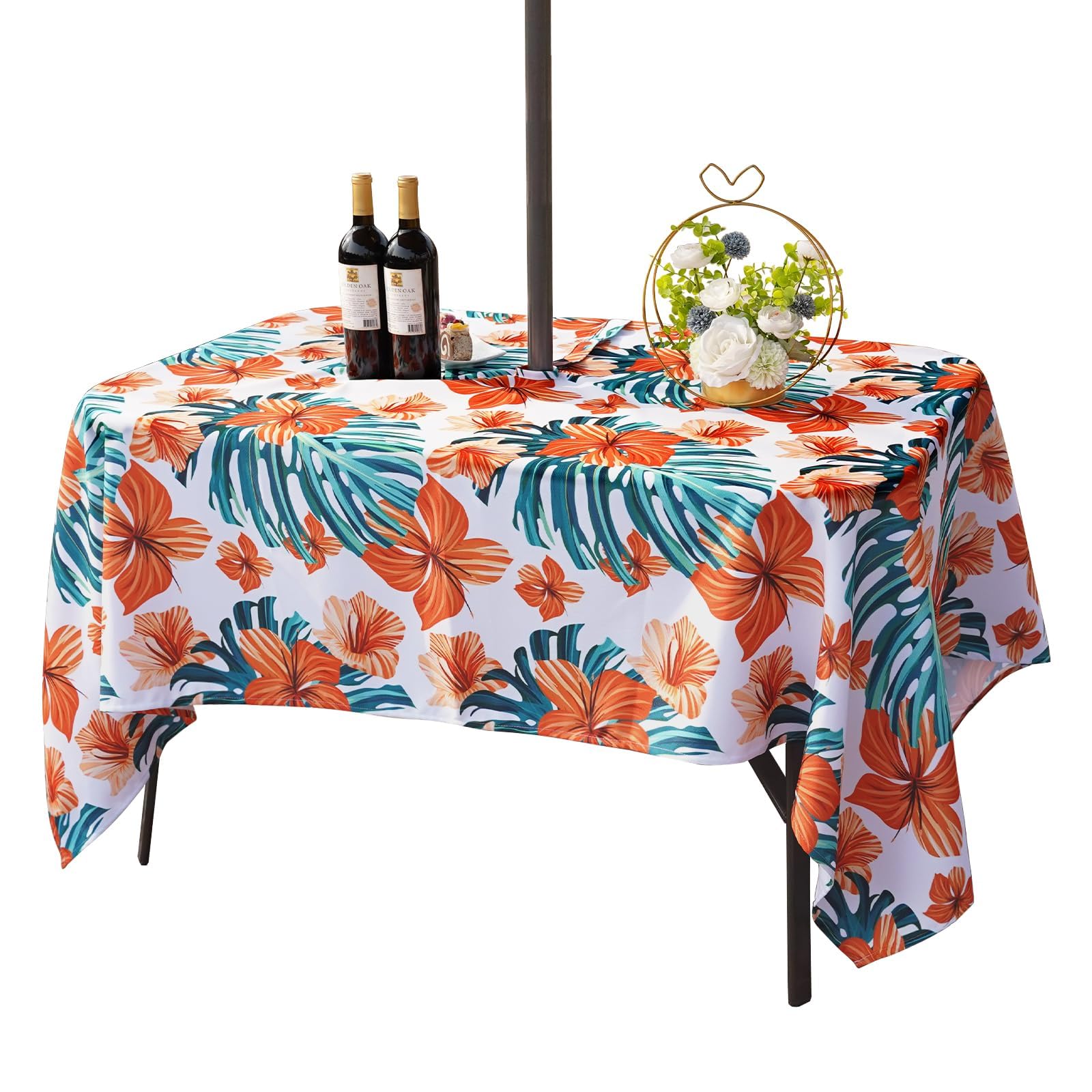 Eternal Beauty Rectangle Indoor & Outdoor Splashproof Tablecloth with Umbrella Hole and Zipper for Patio Garden Party and BBQ (152x231 cm,Zippered, Orange Flower)