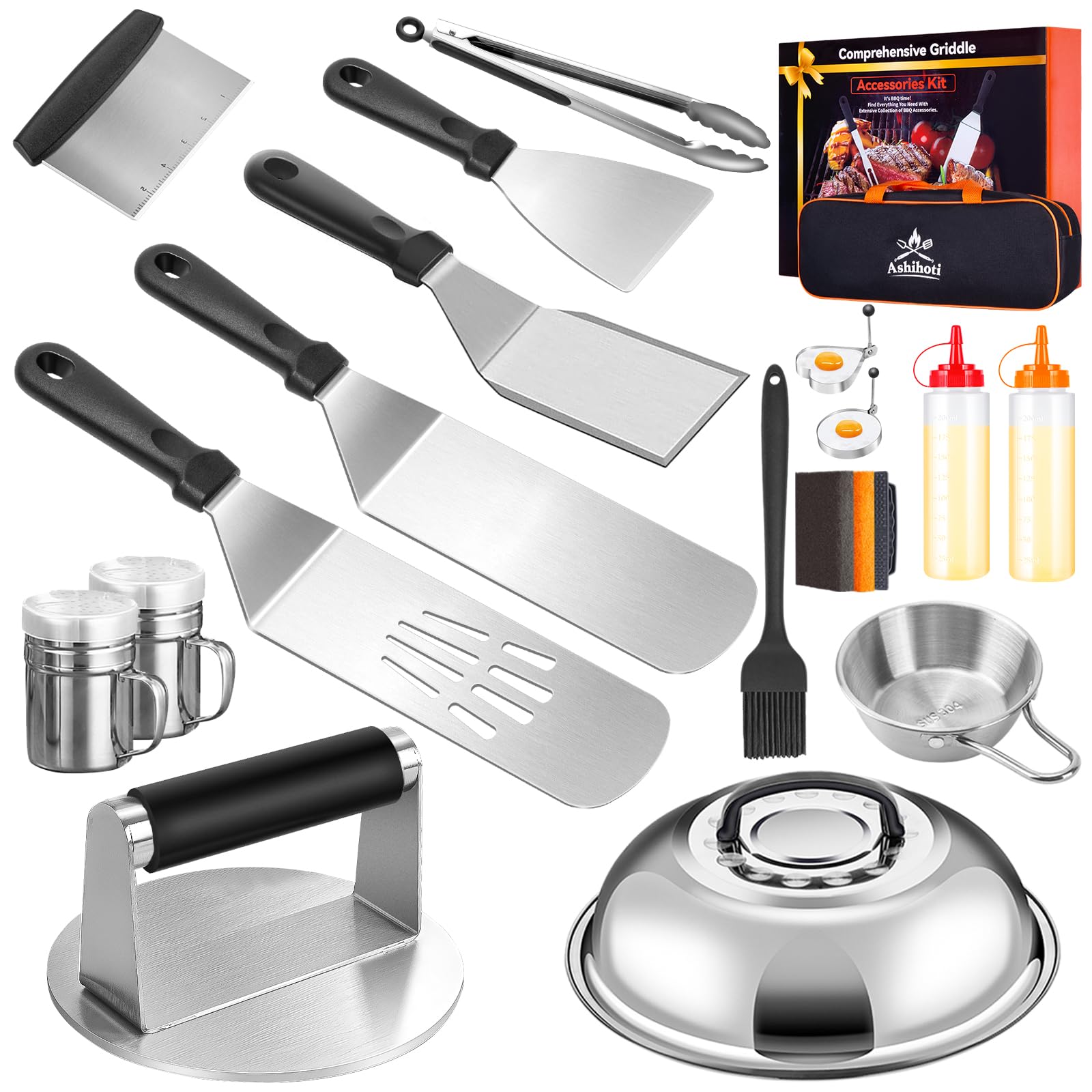 Griddle Accessories BBQ Grill Set - 20pcs Stainless Steel Barbecue Tools Kit for Blackstone with Griddle Spatula Basting Cover Grill Mats Carry Bag for Camping,Flat Top Camp Chef Utensil Image