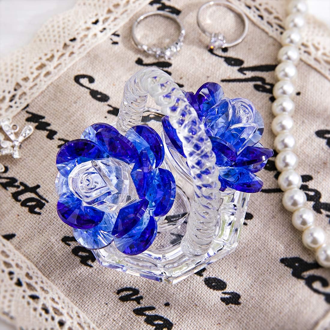 H&D HYALINE & DORA Crystal Rose Flower Basket Figurine, Glass Rose Figurines Ornament Collectibles, Home Decoration Wedding (Blue) - Image 5