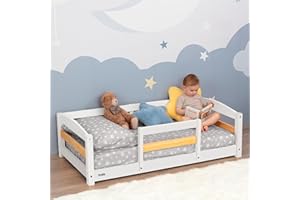 Ocodile Toddler Bed with Rails | Low Montessori Floor Bed Frame for Kids | Standard Crib Size Wooden Frame for Independent Toddlers 1-3 - White