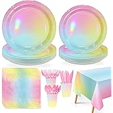 Greencian 170pcs Pastel Rainbow Birthday Party Supplies Iridescent Pastel Plates and Napkins Cups Forks Tableware Sets for Girls Baby Shower Sprinkle Unicorn Theme Party Favors Serves 24