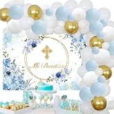 Baptism Party Decorations with Mi Bautizo Backdrop Banner,Blue Gold Baptism Balloon Garland Arch Kit for First Holy Communion Party Baby Shower Supplies (Blue)