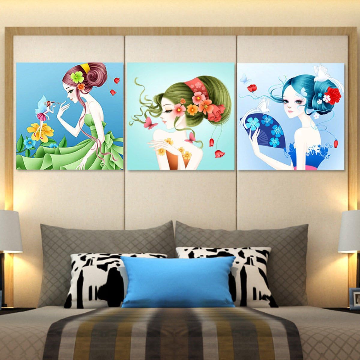 DIY 5D Cartoon Woman Flower Point Drill Cross Stitch Triptych Full Diamonds Shaped Diamond Painting Living Room Home Decoration,135x45cm
