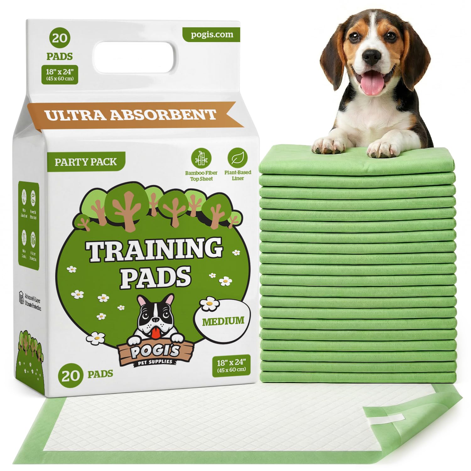 Pogi's Puppy Training Pads with Sticky Tabs – Eco-Friendly, Odour Blocking & Super Absorbent – 20-Pack (45 × 60 cm)