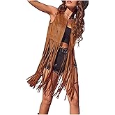 BEAUDRM Women's Fringe Vest Sleeveless 70s Hippie Faux Suede Trim Western Cowgirl Tassel Jacket Cardigan
