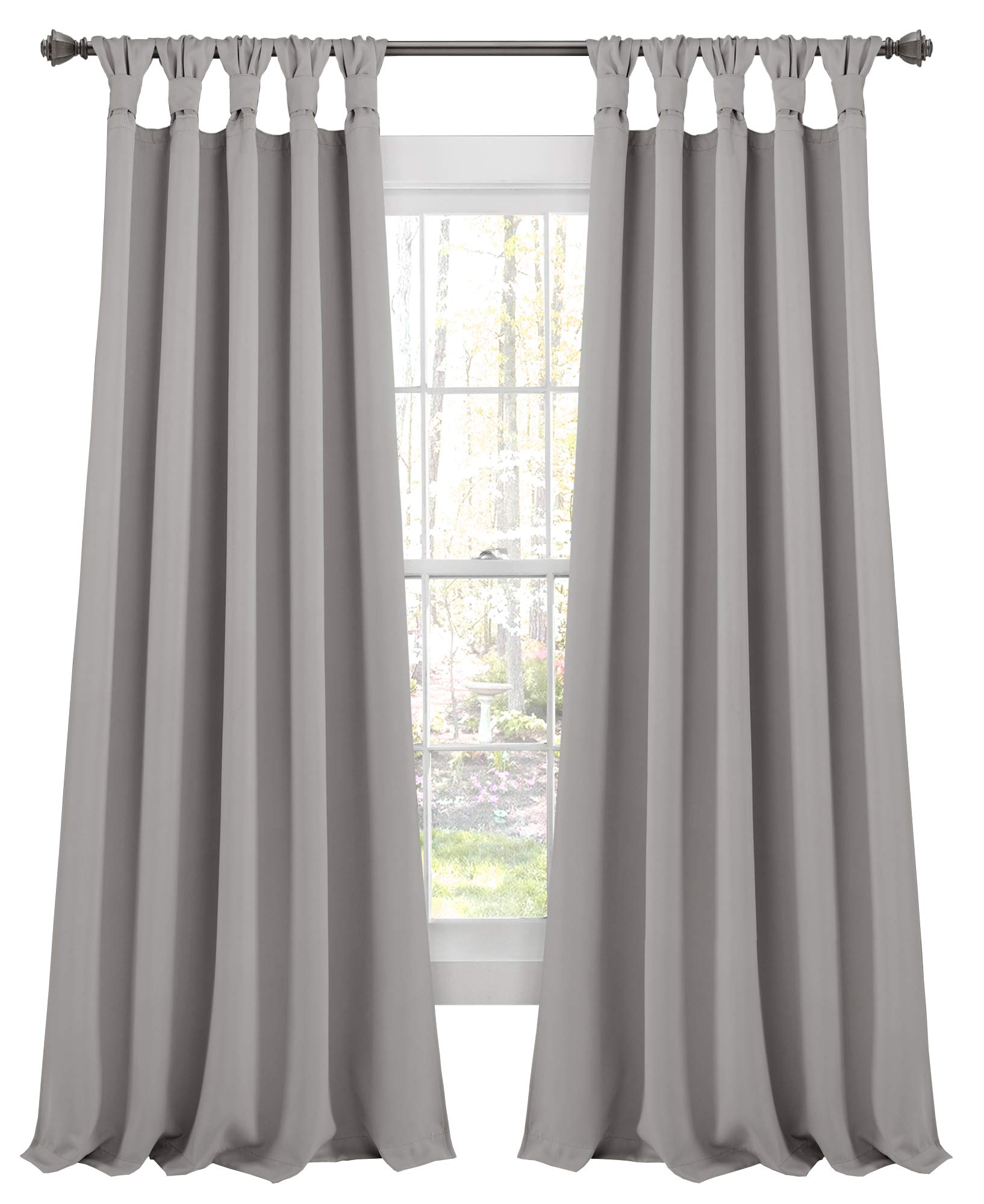 Lush Decor, Light Gray Insulated Knotted Tab Top Blackout Window Curtain Panel Pair, 84" x 52", 84 in x 52