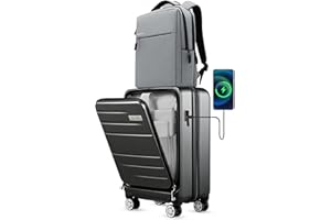 LUGGEX Carry On Luggage with Backpack Set - Polycarbonate Hard Shell Suitcase with Pocket Compartment & USB Port - Travel Luggage with Spinner Wheels (Black, 20 Inch)