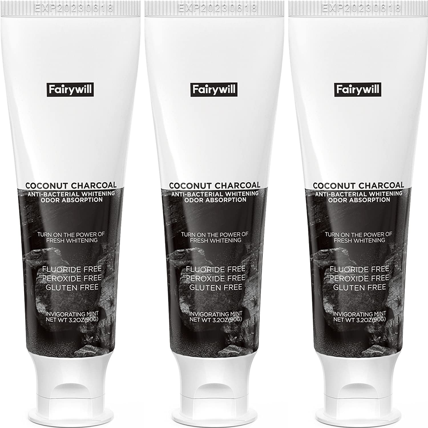 Fairywill Activated Charcoal Toothpaste Teeth Whitening, Coconut Charcoal Natural Toothpaste, Refreshing Mint Flavor - Fluoride Free and SLS Free Toothpaste 3.2 oz, 3 Pack : Beauty