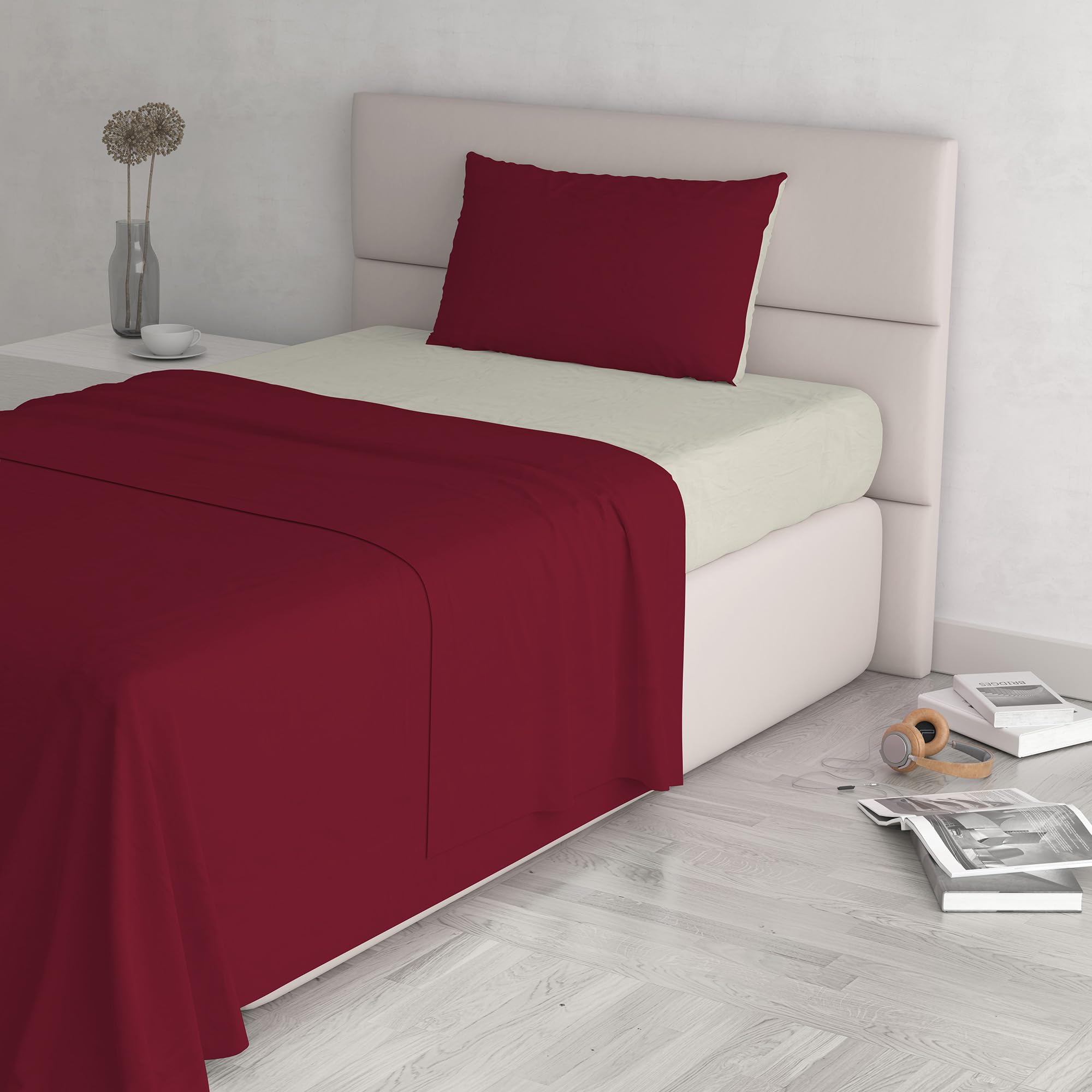 Italian Bed Linen Natural Colour Bed Sheet Set, Bordeaux/Cream, Single
