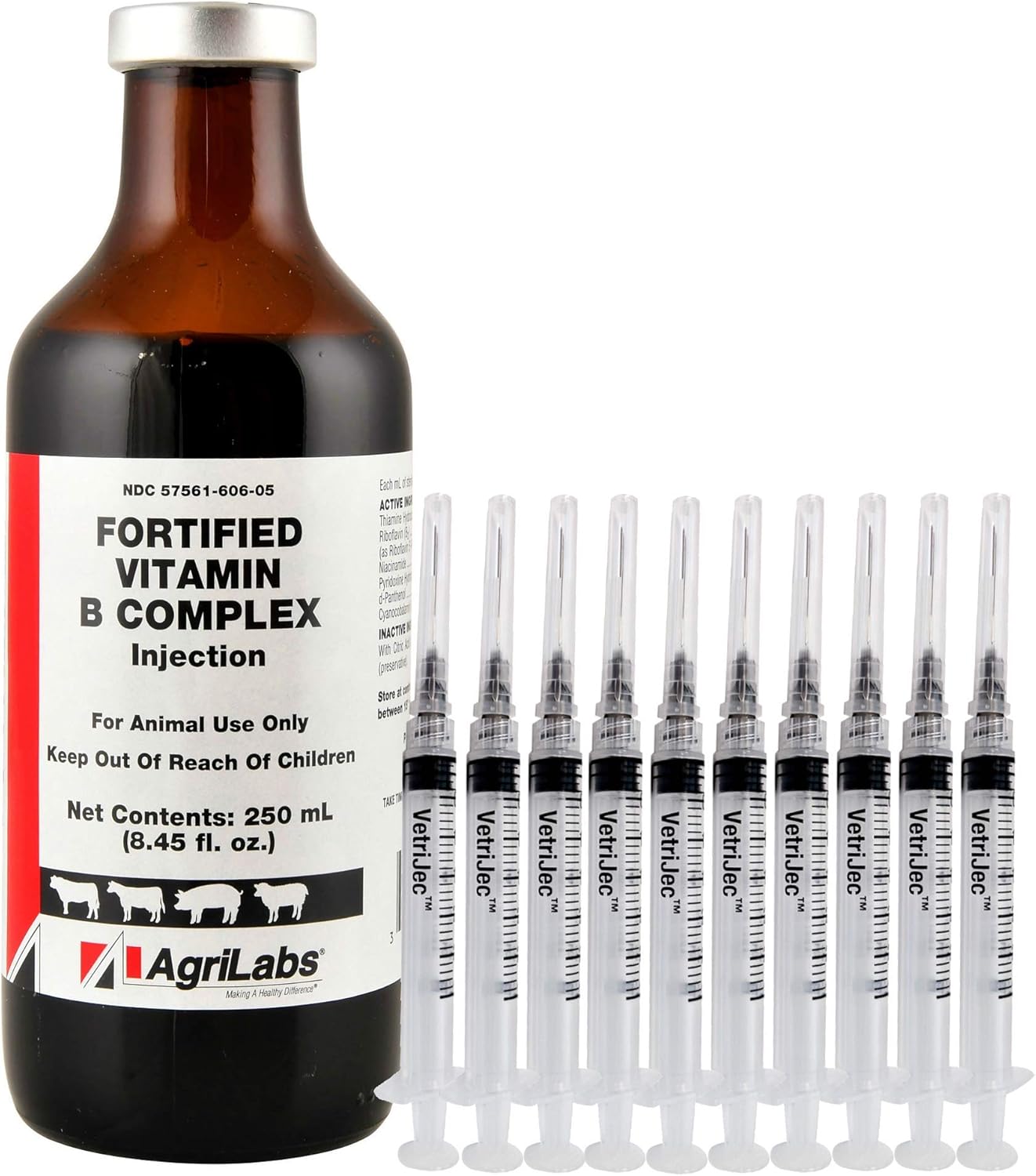 Fortified Vitamin B Complex, 250 mL (Value Pack) with (10) 3 mL/cc Luer Lock Syringes w/ 22g x 1.0" Needle & Caps - Multi—Animal