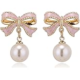 LKingel Pearl Bow Earrings for Women Delicate Bow Dangle Earrings Ribbon Bow Stud Earrings Bow Dangle Drop Earrings Preppy Cute Teen Christmas Jewelry Accessories