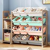 Toy Storage Organizer - Toy Organizers and Storage with Bookshelf, Toy Storage Shelf with 3 Shelves and 12 Storage Bins, Kids Bookshelf and Toy Storage for Kids Room, Playroom, Nursery, Multi color