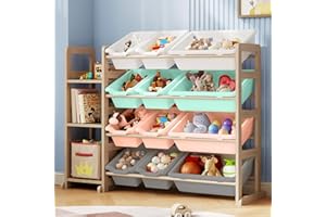 EXPERLAM Toy Storage Organizer - Toy Organizers and Storage with Bookshelf, Toy Storage Shelf with 3 Shelves and 12 Storage Bins, Kids Bookshelf and Toy Storage for Kids Room, Playroom, Nursery, Multi color