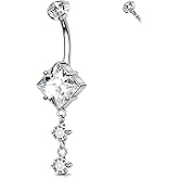 Melighting 14G Titanium Belly Button Ring Internally Threaded Belly Ring Dangle G23 Titanium Belly Piercing Square Clear CZ Navel Barbell for Women Body Piercing Jewelry