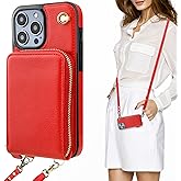 KIHUWEY Crossbody Wallet Case for iPhone 14 Pro Max, Zipper Pocket Case with Card Holder, PU Leather RFID Blocking Protective Cover with Kickstand and Detachable Wrist Strap Lanyard - 6.7" (Red)