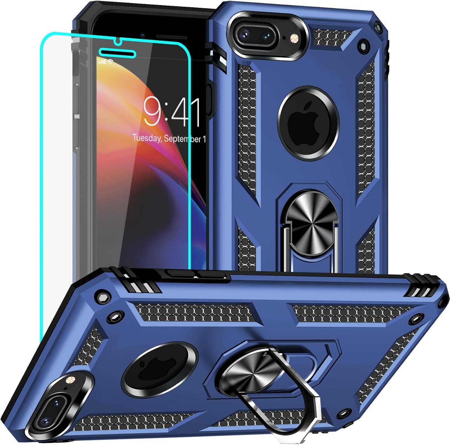Yiakeng for iPhone 8 Plus Case with Screen Protector, Military Grade Protective Phone Cover with Ring Holder Kickstand for iPhone 7 Plus / 8 Plus (Blue) — image 1