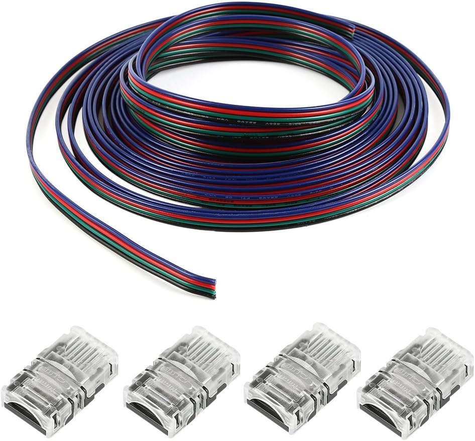 Nexlux 4 Pcs LED 5050 Waterproof RGB Strip Light Connector 4 Conductor 10 mm Wide Strip to Strip Jumper,16.4ft RGB Extension Cable Line