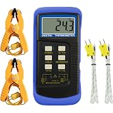 K-Type Thermocouple Thermometer (-50~1300&deg;C) Range, Dual-Channel Digital Temperature Meter with 2 Temperature Clamps &amp; 2 K Type Probe Sensors High-Accuracy MAX/MIN/AVG Kelvin/Celsius/Fahrenheit Tester