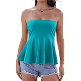 DYLH Pima Cotton Tube Tops for Women Summer Strapless Flowy Ruched Shirts Ruffle Hem Cute Going Out Bandeau